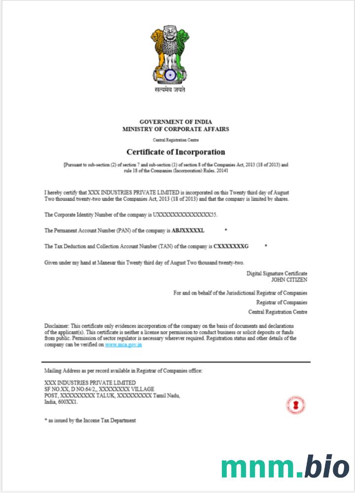 India vcertyfikat of inkorporacja registration